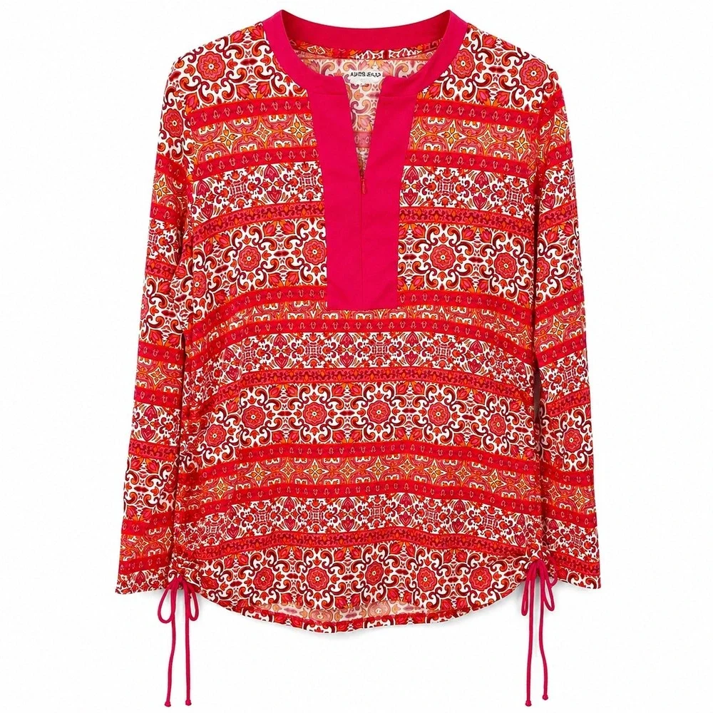 Lands End Womens L Petite Pink Orange Floral Rash Guard Swim Tunic Quarter Zip